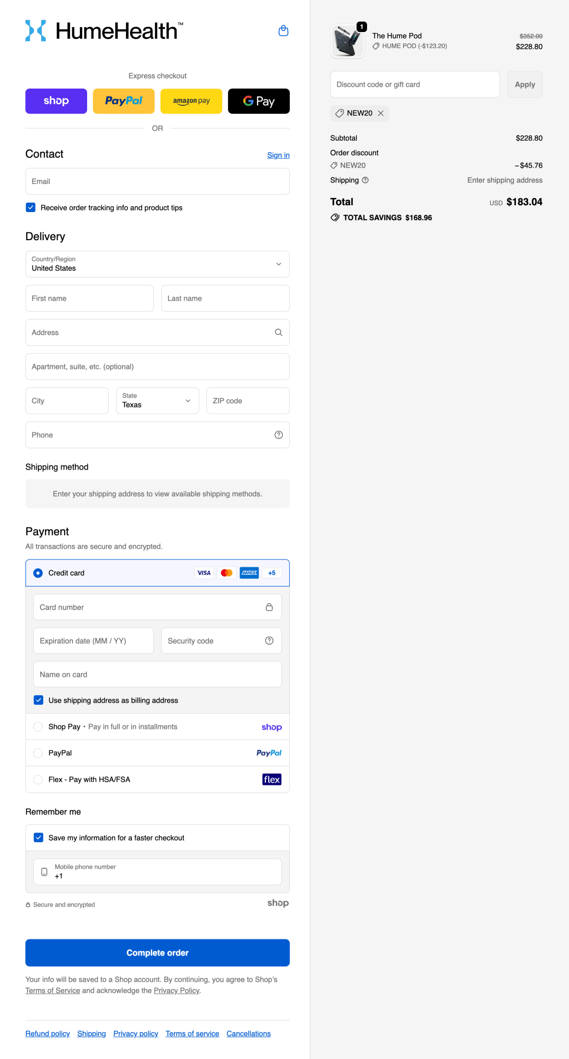 Hume Health Body Pod checkout page